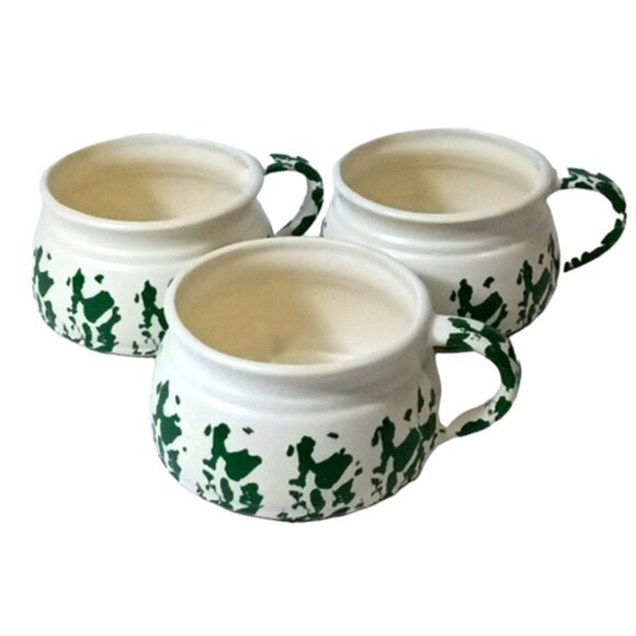 Set of 3 Green & White Country Kitchen Soup Mugs/Bowls, Unbranded, Spongeware?? - Picture 1 of 6